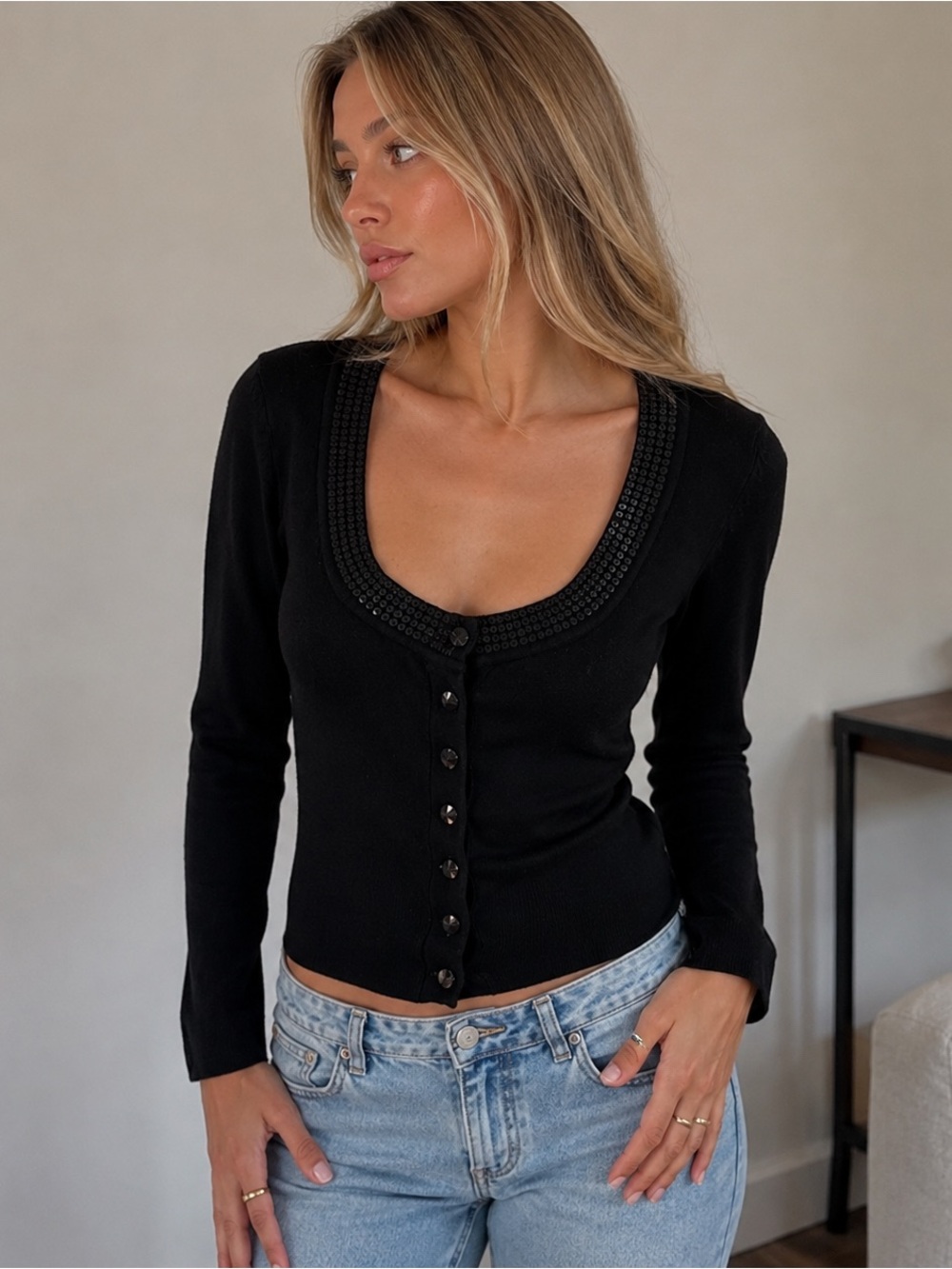 Vintage Urban Behavior M Black Sequin Trim Y2K Cardigan